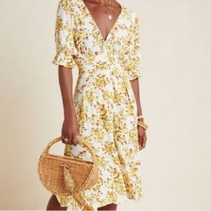 Faithfull the Brand Floral Cottagecore Crinkle Fabric Cinched Waist Midi Dress